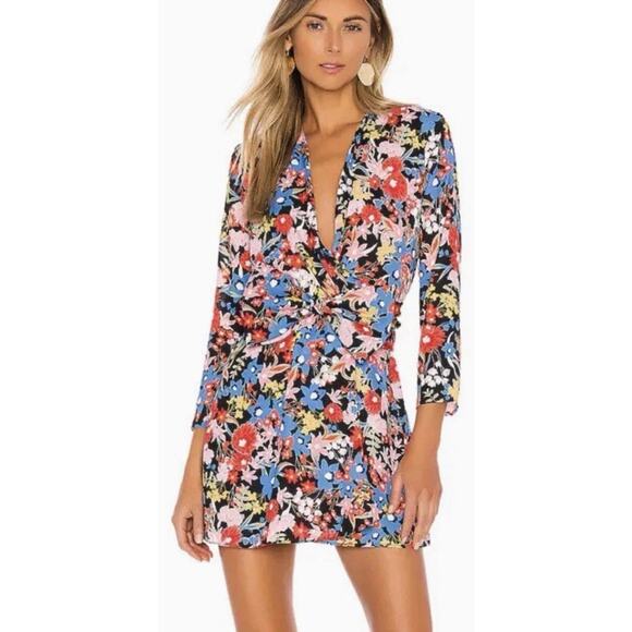 Revolve RESA Iris Bow Floral Surplice Mini Dress V-Neck Long Sleeve Size XS - Picture 1 of 7